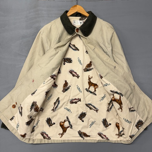 L.L.Bean Vintage Barn Coat Tan 90s Wildlife Print Lining Corduroy Collar XL - Picture 2 of 11